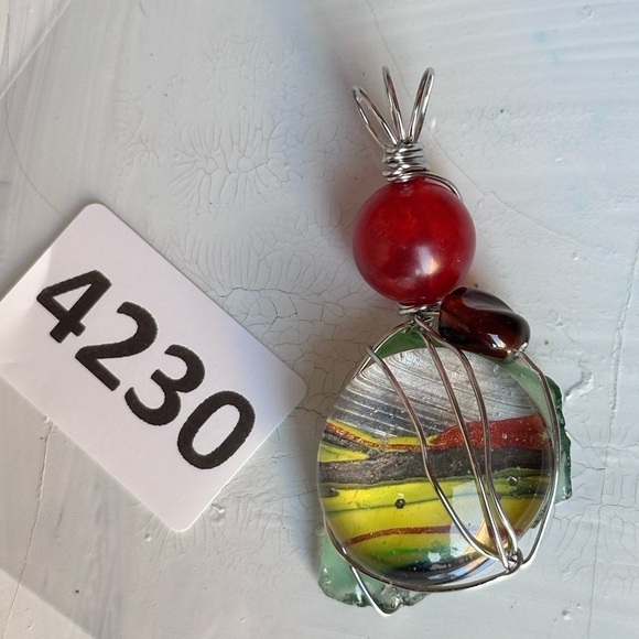 Art Glass Pendant Hand Painted Cabochon, Beaded, Wire Wrapped Handmade  4226 Y - Picture 6 of 11